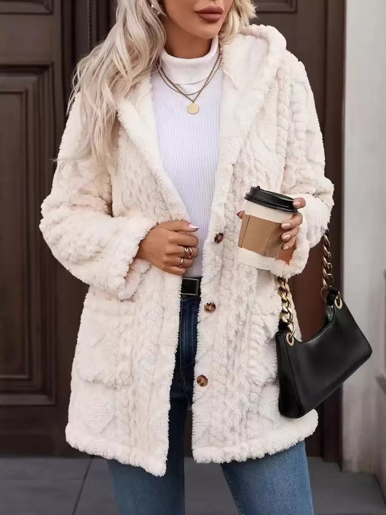 Cozy Button Up Hooded Fleece Outerwear Ivory