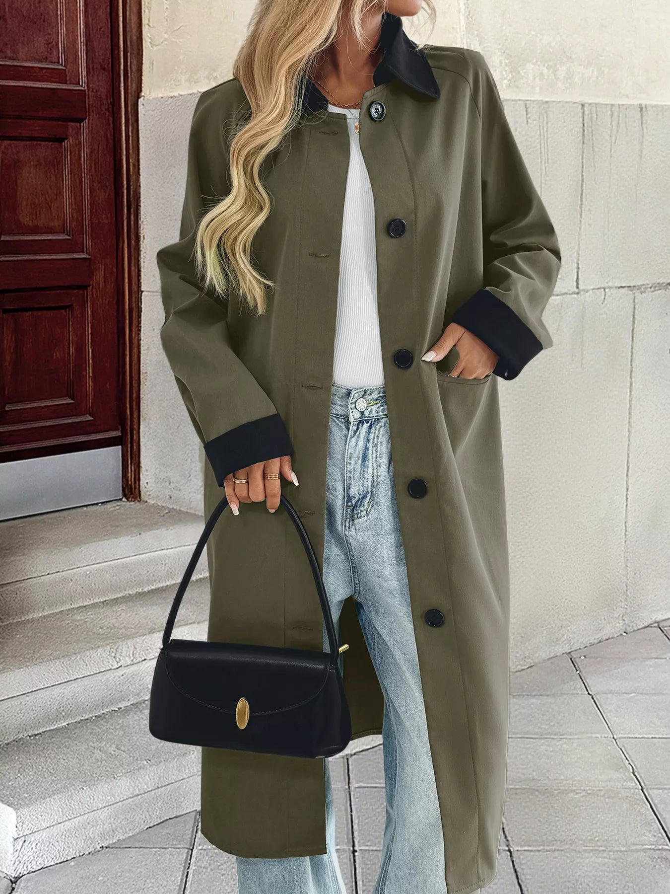 Contrast Collar Button Up Coat Green