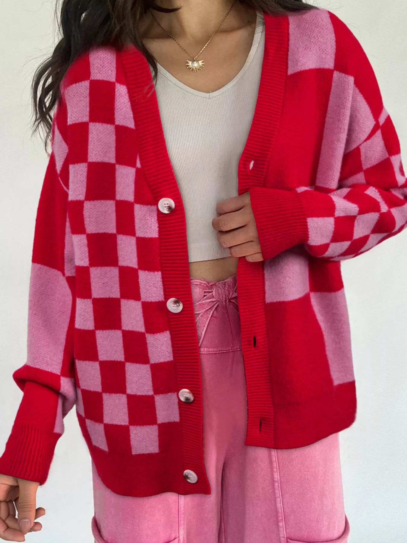 Checkerboard Knit Button-Down Cardigan Deep Rose