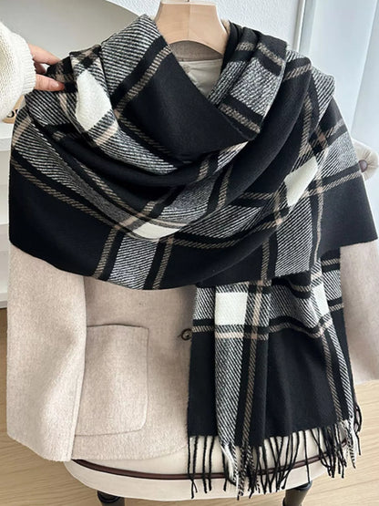 Classic Plaid Pattern Tassel Winter Scarf Black One Size