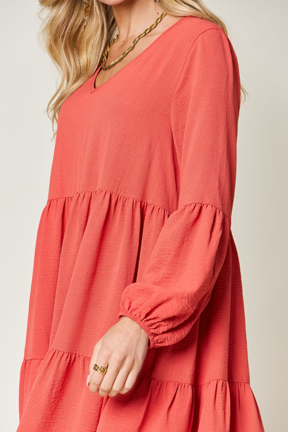 V-Neck Balloon Sleeve Tiered Boho Midi Dress