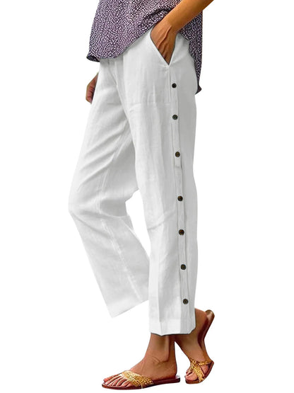 Full Size Side Decor Button Casual Wide Leg Pants Plus Size