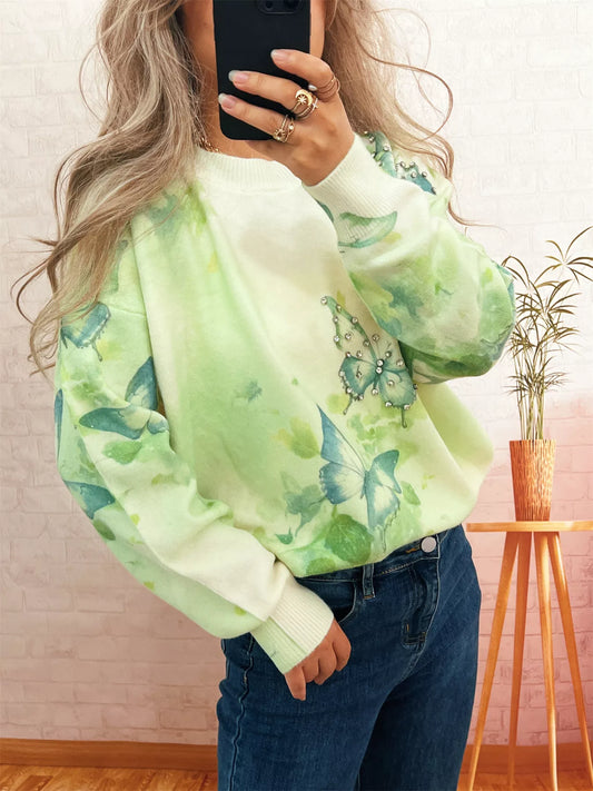 Butterfly Round Neck Lightweight Sweater Green One Size