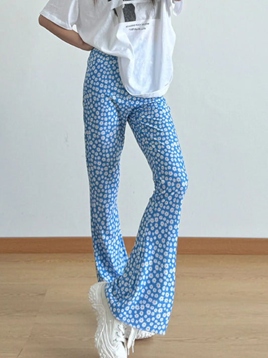 Floral Print Flare Leg Pants Blue Flower Lengthened