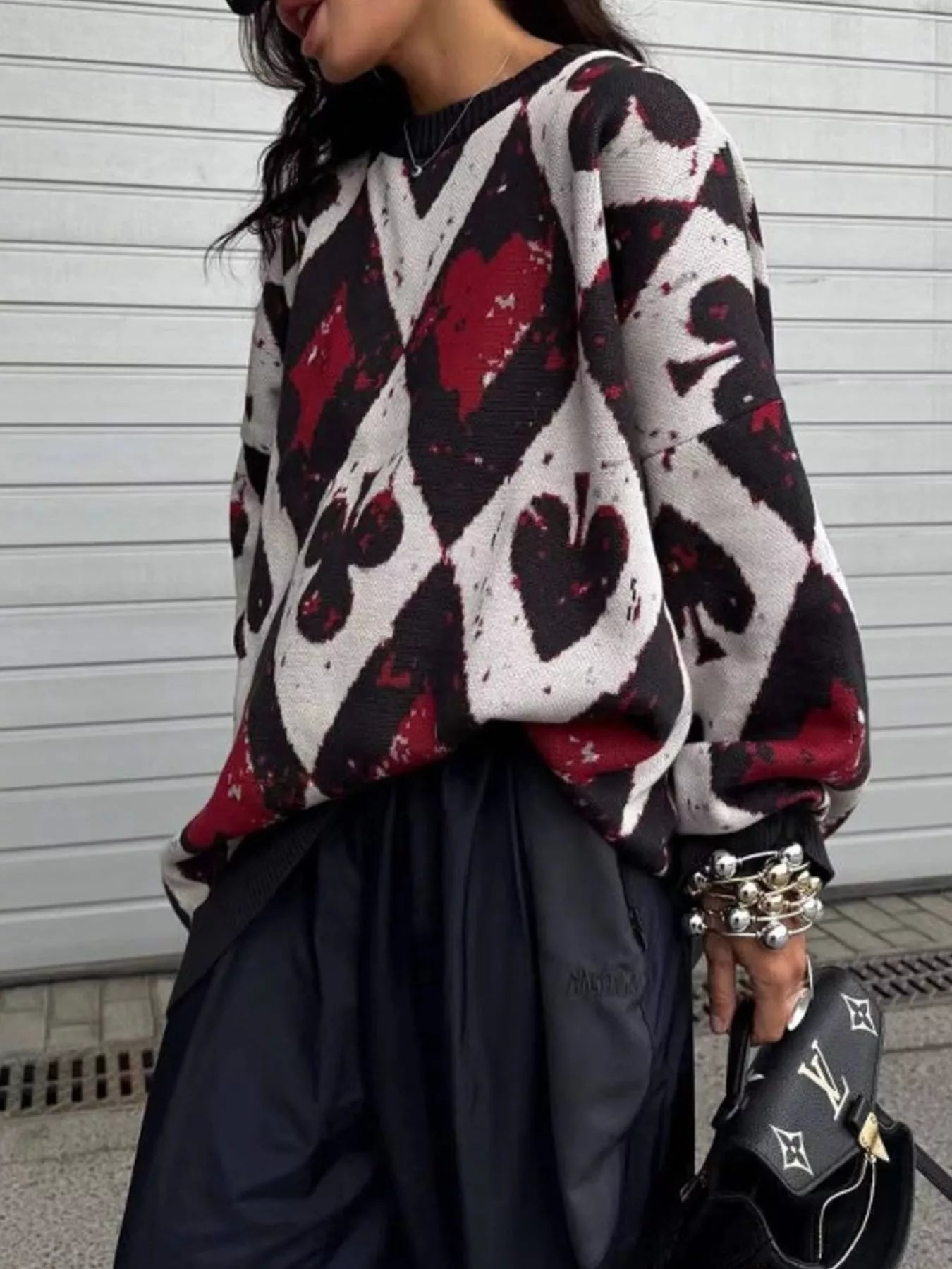 Contrast Diamond Round Neck Long Sleeve Sweater
