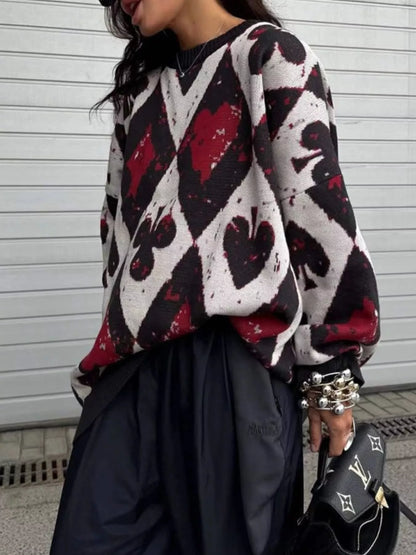 Contrast Diamond Round Neck Long Sleeve Sweater