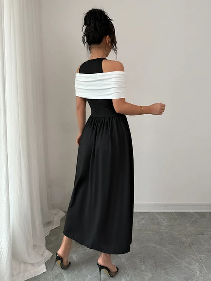 Twisted Contrast Cold Shoulder Midi Dress
