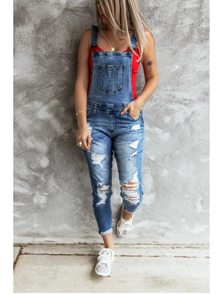 Retro Tattered Jeans Stretch Denim Brace Trousers light blue