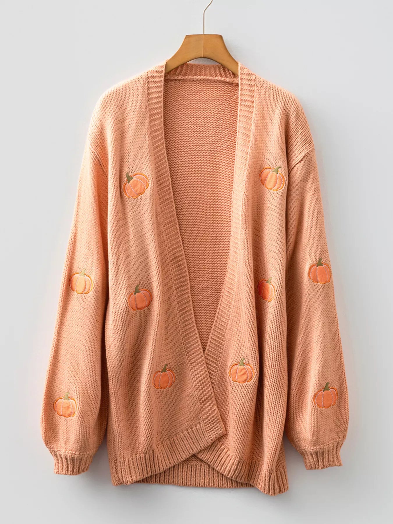 Pumpkin Tree Print Open Front Drop Shoulder Midi Cardigan