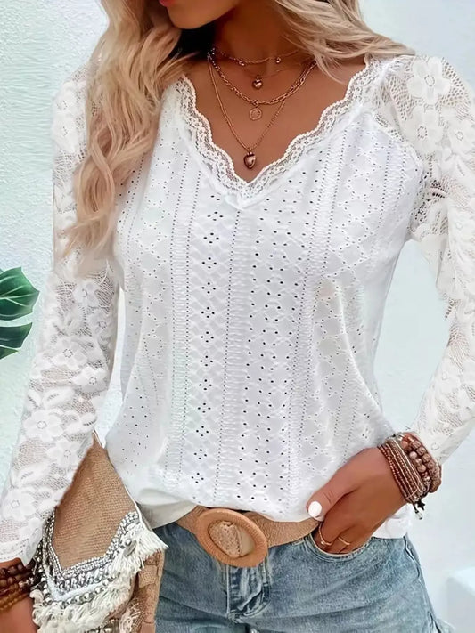 Eyelet Lace Sleeve V-Neck Blouse