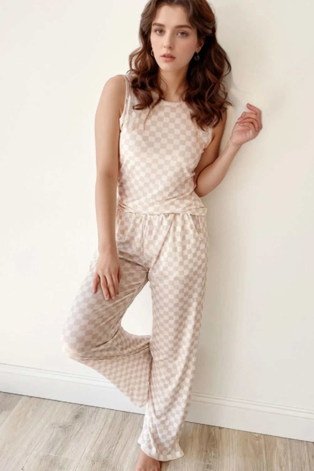 Ribbed Texture Checkered Print Tank and Pants Set Dust Storm