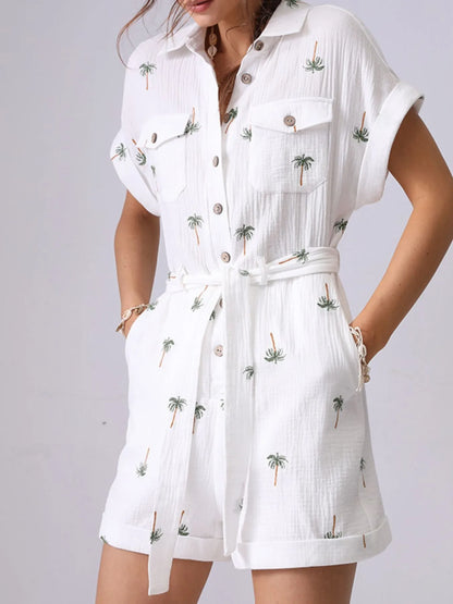 Palm Tree Print Short Sleeve Button-Up Romper with Belt