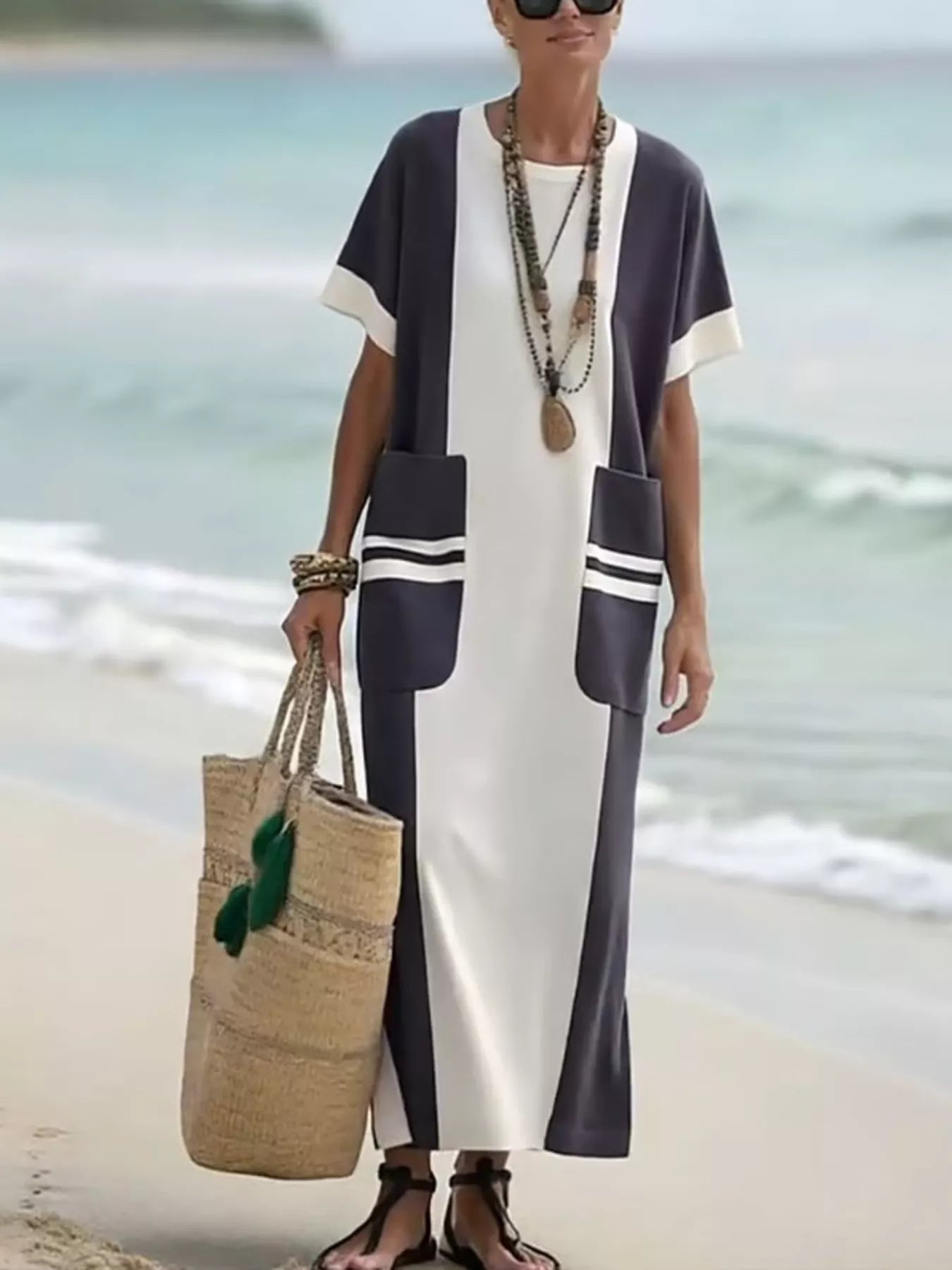 Full Size Color Block Short Sleeve Dress with Pockets Plus Size White
