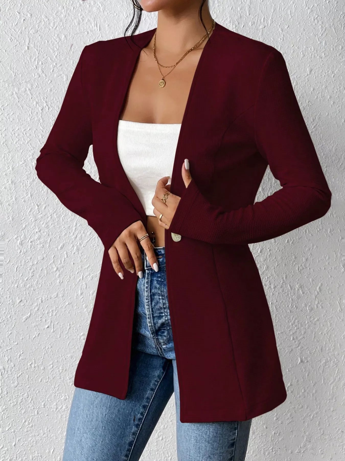 One Button Long Sleeve Blazer Burgundy