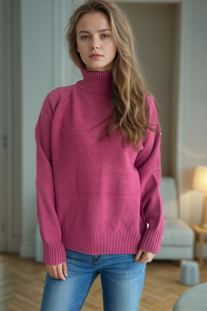 Ribbed Turtleneck Raglan Sleeve Sweater Cerise One Size