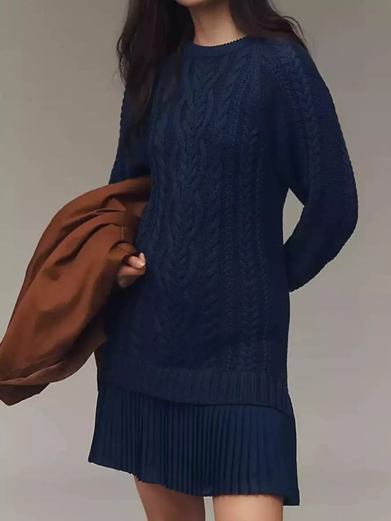 Full Size Cable Knit Pleated Hem Sweater Dress Plus Size Navy