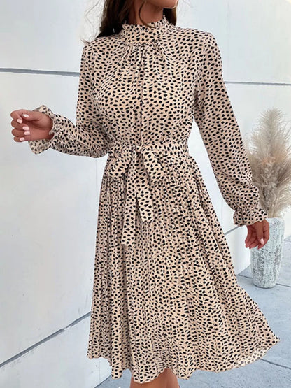 Animal Print Mock Neck Flounce Sleeve Dress