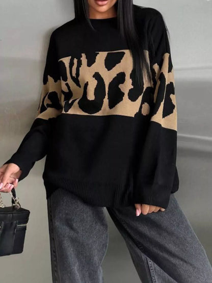 Leopard Color Block Round Neck Sweater