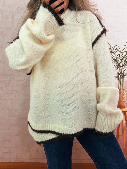 Contrast Trim Dropped Shoulder Sweater Apricot One Size