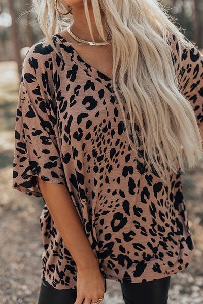 Leopard V-Neck Half Sleeve T-Shirt Leopard