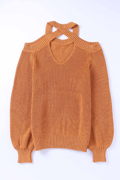 Back To School Sweater - Cutout Back Cold Shoulder Long Sleeve Sweater