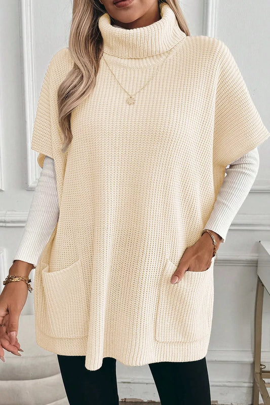 Turtleneck Knit Short Sleeve Sweater Cream