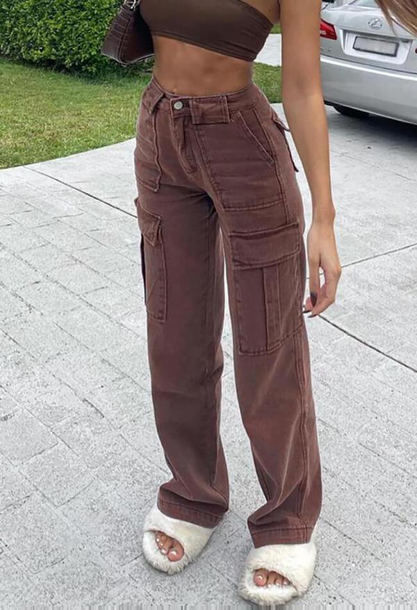 Bellows Pocket Loose High Waist Straight Jeans Cargo Pants Jeans Brown