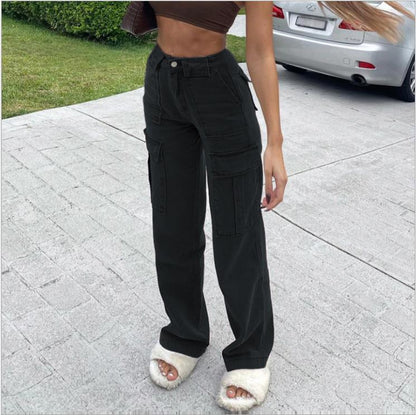 Bellows Pocket Loose High Waist Straight Jeans Cargo Pants Jeans Black