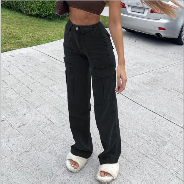 Bellows Pocket Loose High Waist Straight Jeans Cargo Pants Jeans Black