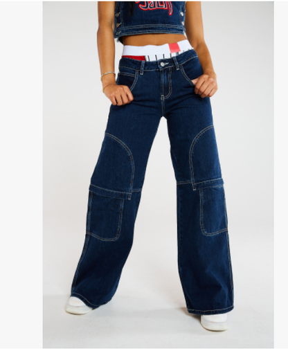 Fast Big Pocket Wide Leg Jeans Overalls Cargo Wide Leg Jeans Navy Blue