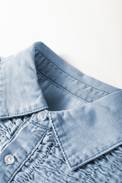Smocked Collared Neck Cap Sleeve Denim Dress