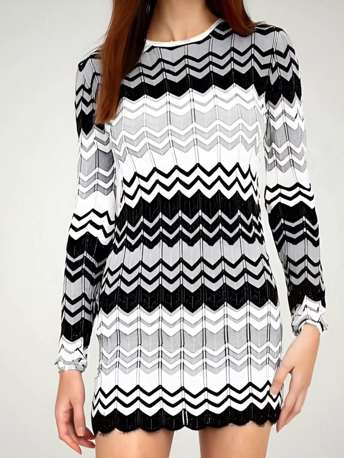 Openwork Wave Pattern Long Sleeve Sweater Dress Grey