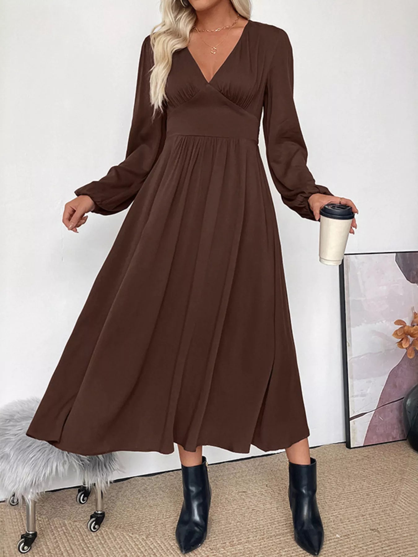 V-Neck Long Sleeve A-Line Midi Dress Brown