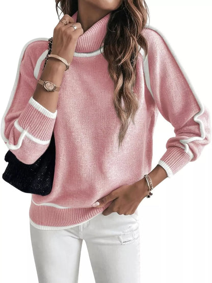 Full Size Turtleneck Contrast Trim Sweater Plus Size Blush Pink