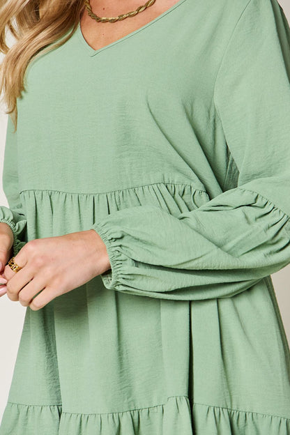 V-Neck Balloon Sleeve Tiered Boho Midi Dress