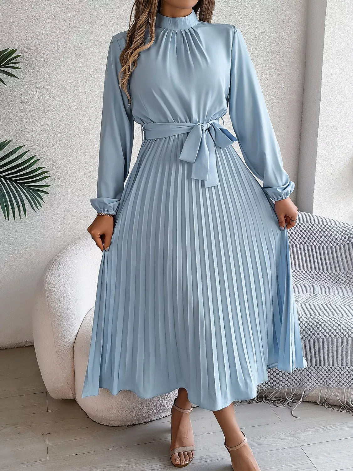 Mock Neck Pleated Midi Dress
