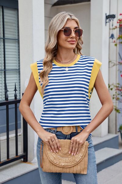 Contrast Striped Round Neck T-Shirt Blue White