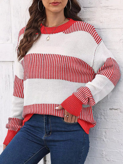Full Size Color Block Dropped Shoulder Sweater Plus Size Orange-Red