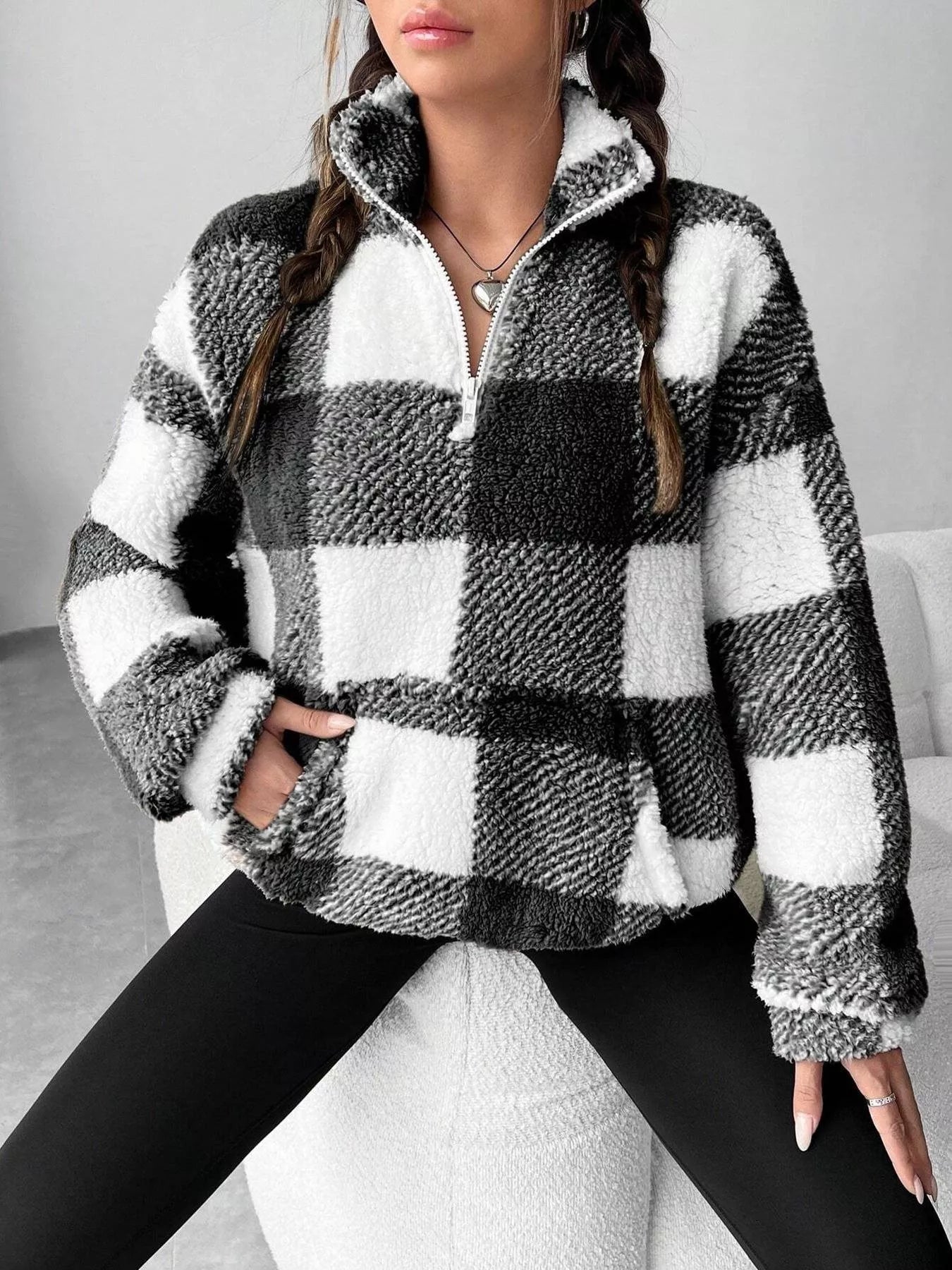 Full Size Plaid Sherpa Long Sleeve Sweatshirt Plus Size