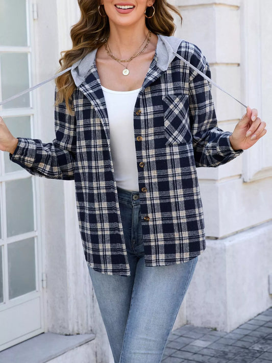Hooded Plaid Button-Up Shacket Navy