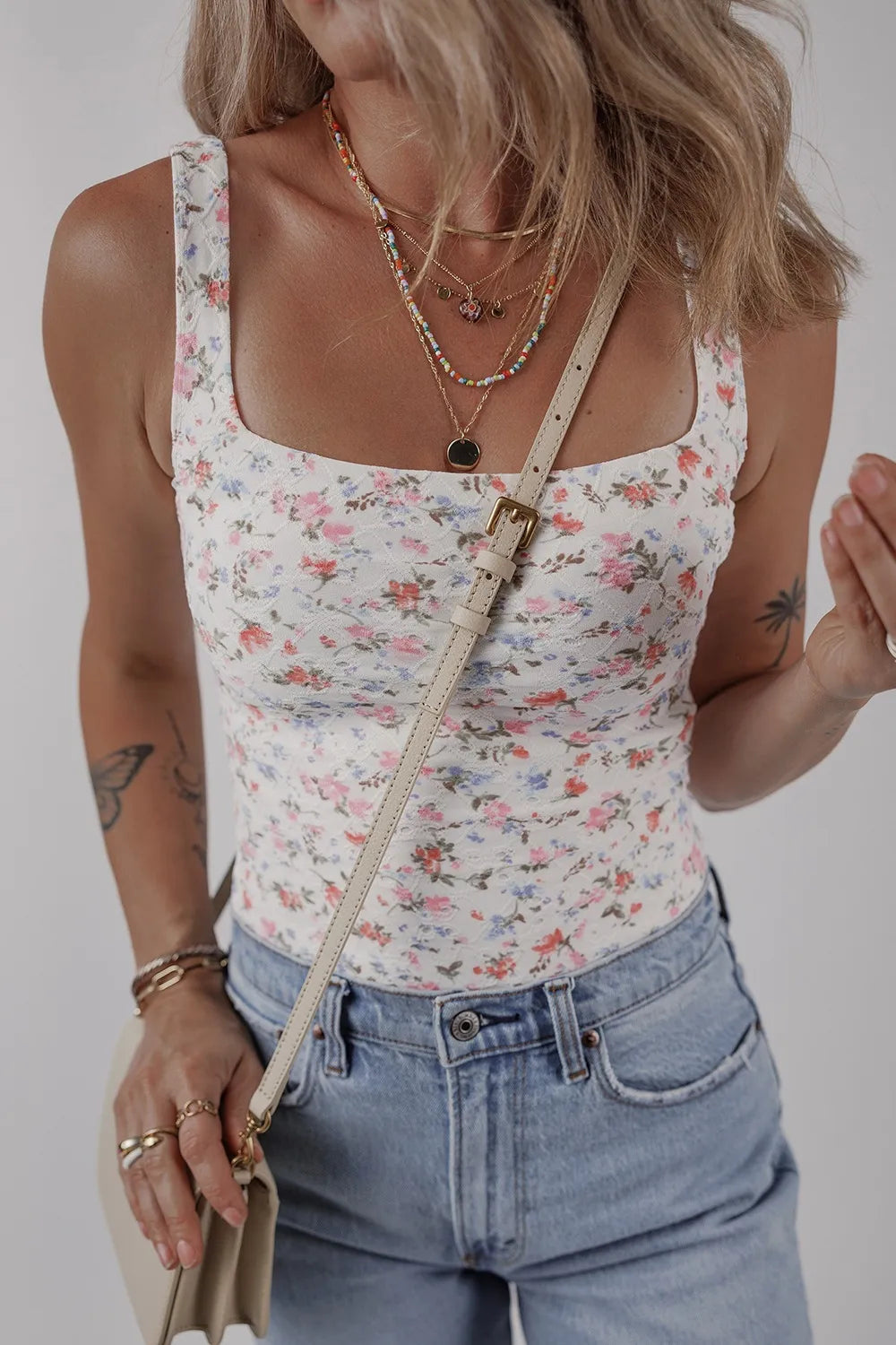 Floral Textured Square Neck Sleeveless Bodysuit