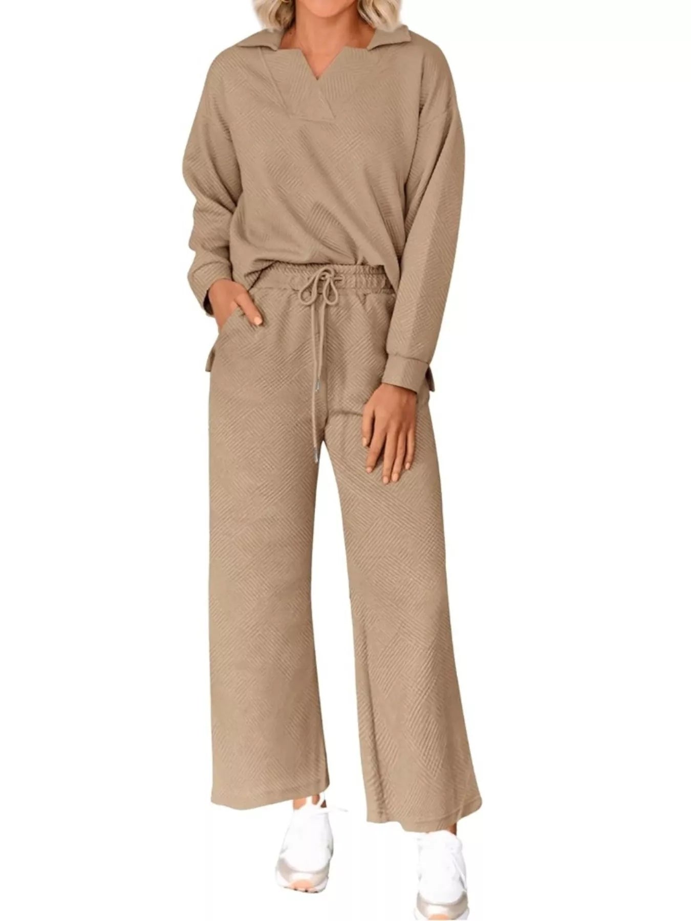 Side Slit Textured Top and Drawstring Pants Set