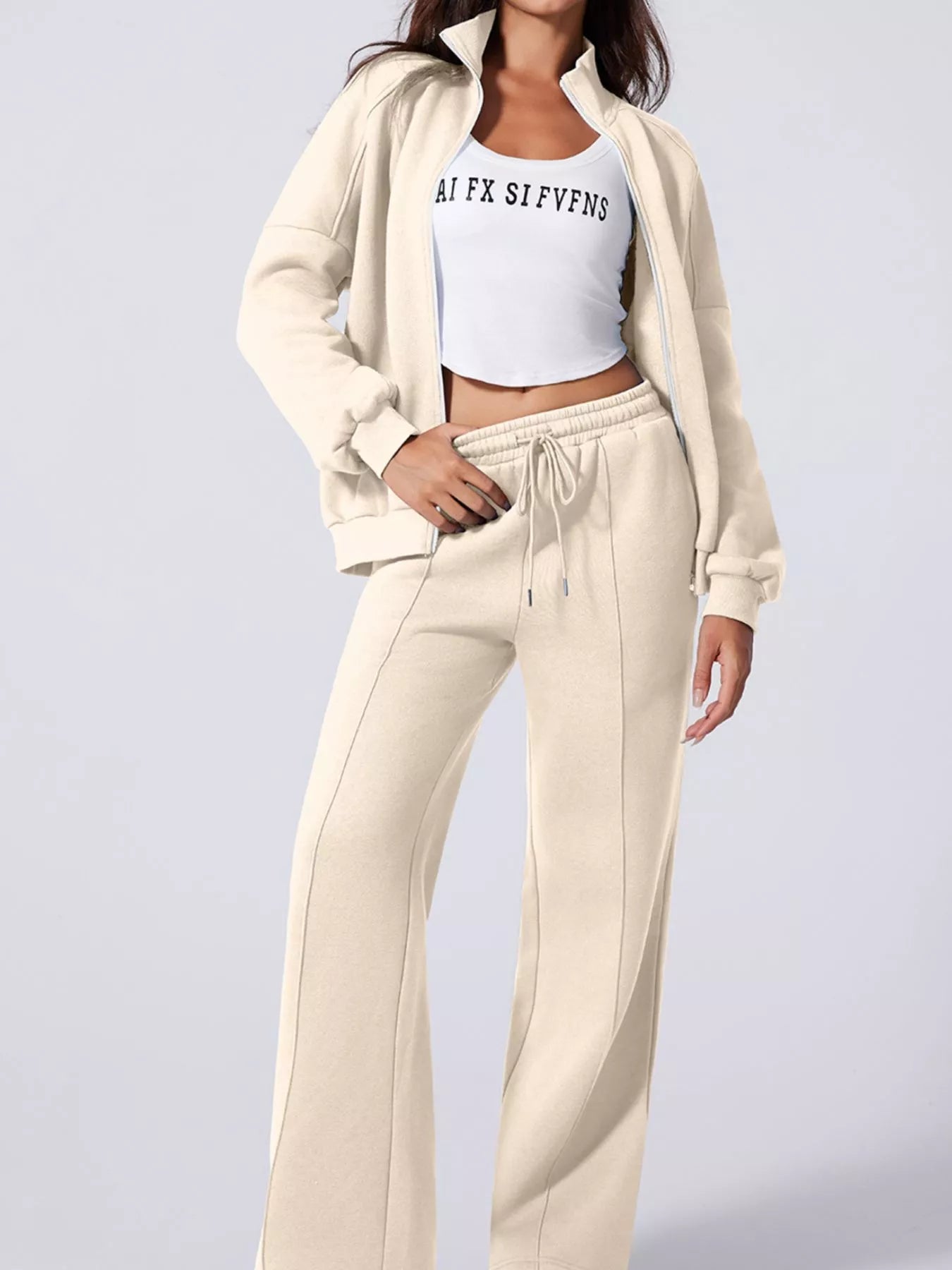 Drop Shoulder Zip Up Jacket and Drawstring Pants Active 2pcs Set Beige