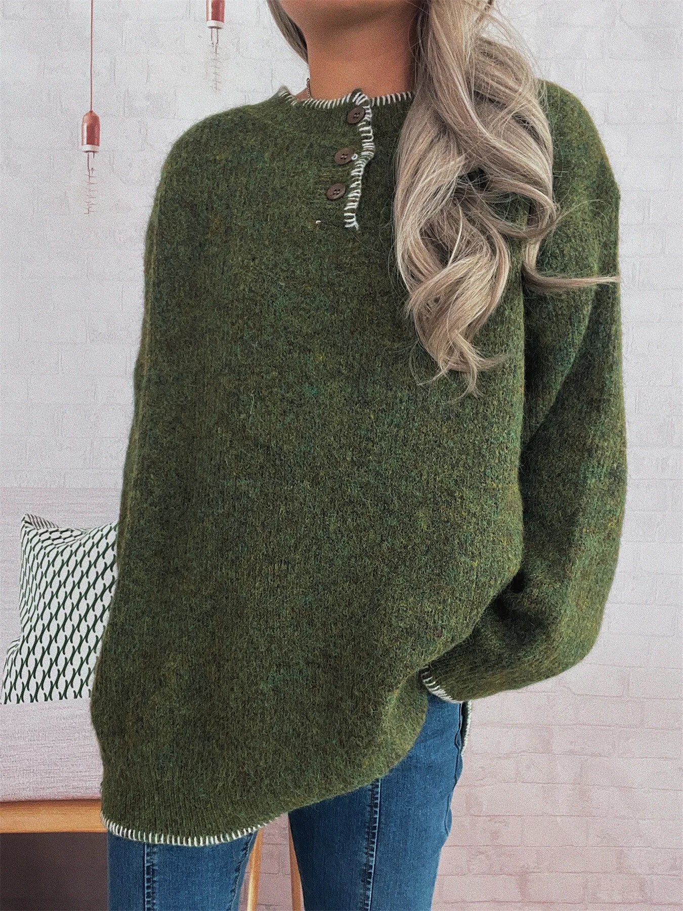 Ribbed Button Detail Long Sleeve Sweater