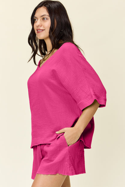 Textured Cotton T-Shirt and Drawstring Shorts Set