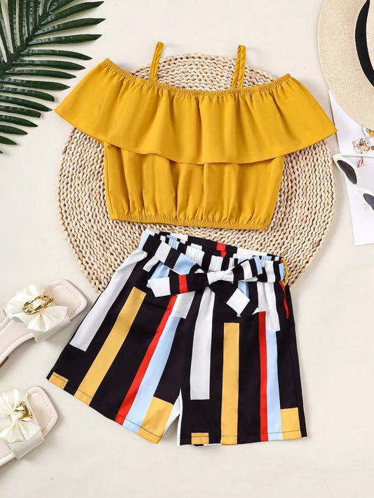 Children's Ruffled Spaghetti Strap Top and Pants Set Gold