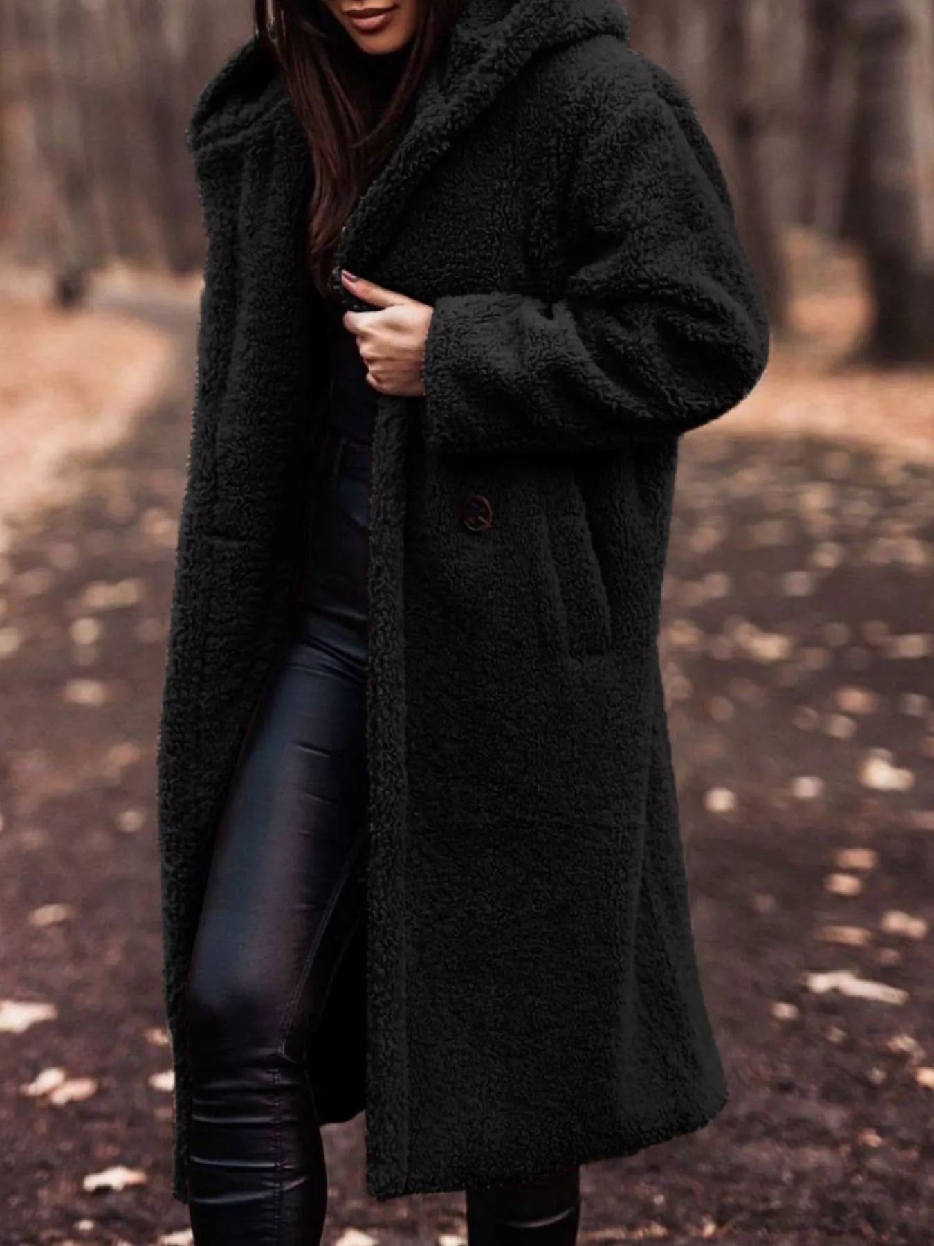 Teddy Bear Hooded Longline Outerwear Black