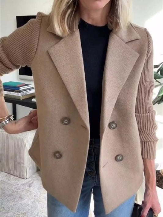 Full Size Knitted Sleeve Wool Blend Double-Breasted Blazer Plus Size