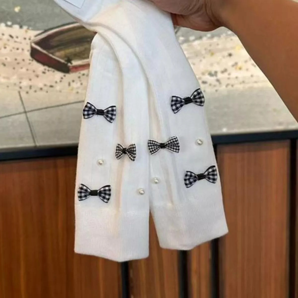 Pearl Detail Bow Crew Socks White One Size