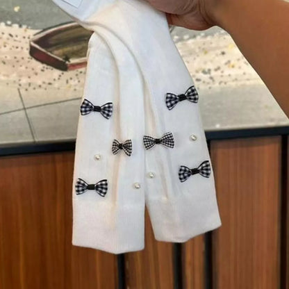 Pearl Detail Bow Crew Socks White One Size